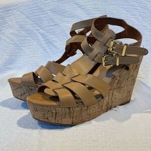 🖤 Express Strappy Tan Wedge Cork   4.5” Heels - Size 10